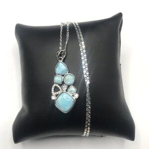 925 Sterling Silver Natural Larimar Drop Pendant Necklace Size 18”